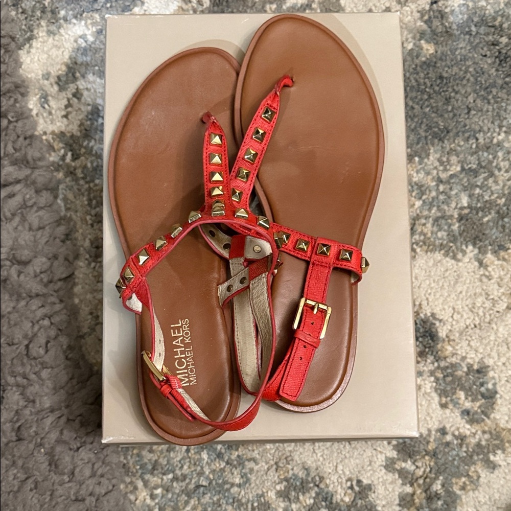 Michael Kors Red and Gold Leather Studded Sandals-previously worn